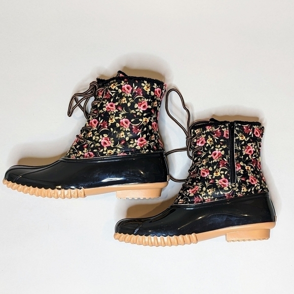 Sporto Bella Waterproof Lace-Up Duck Boot with Zipper Black Floral 9M NIB NWT - Picture 3 of 13